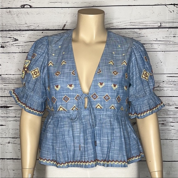 Free People Chambray Puff Sleeve Crop Tallulah Embroidered Blouse Size XL - Picture 5 of 8